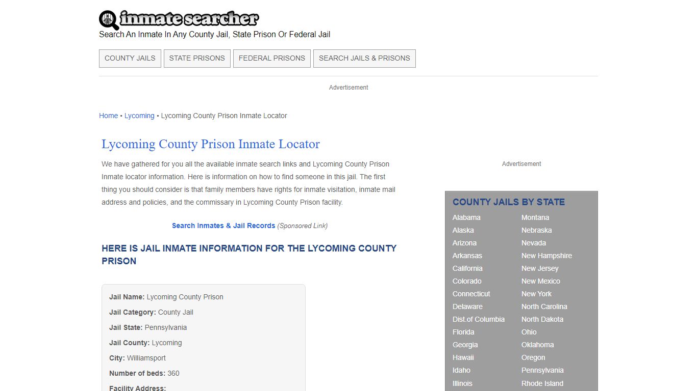Lycoming County Prison Inmate Locator - Inmate Searcher