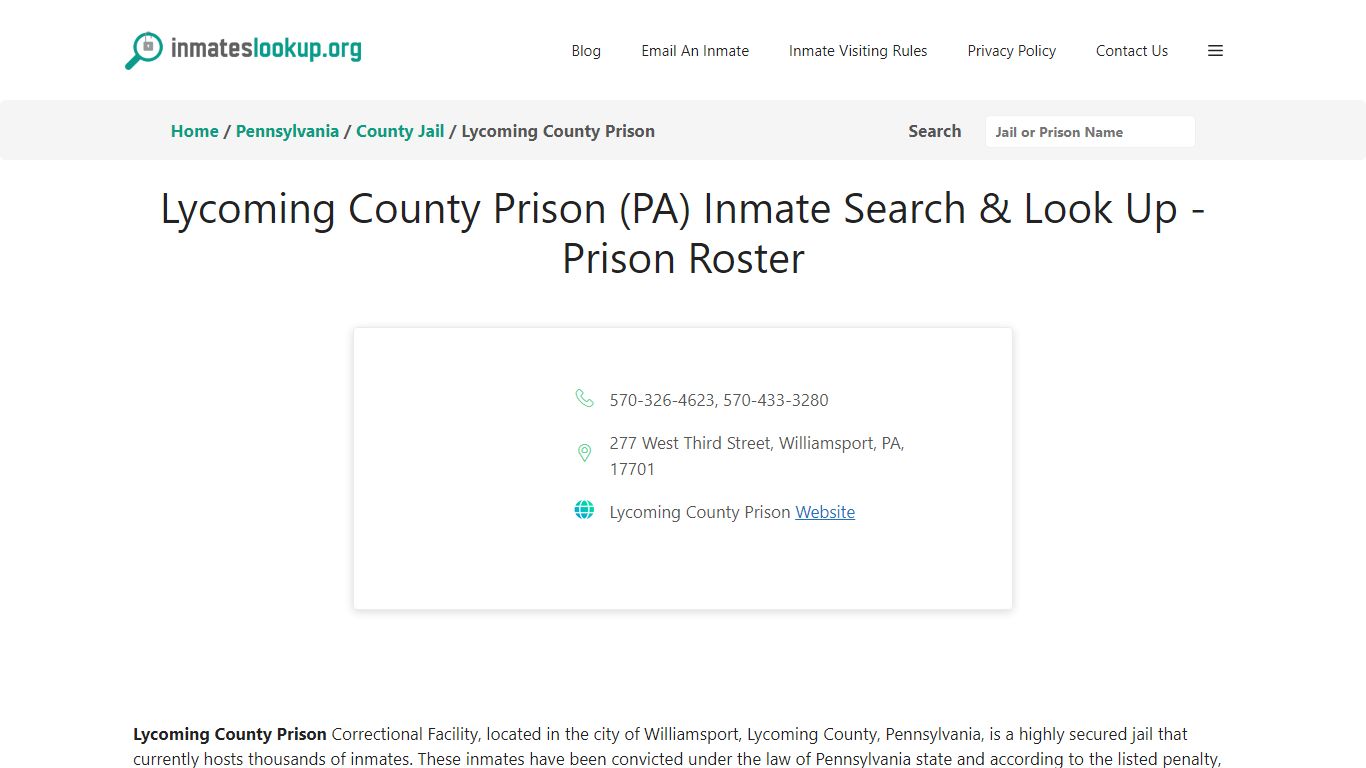 Lycoming County Prison (PA) Inmate Search & Look Up - Prison Roster